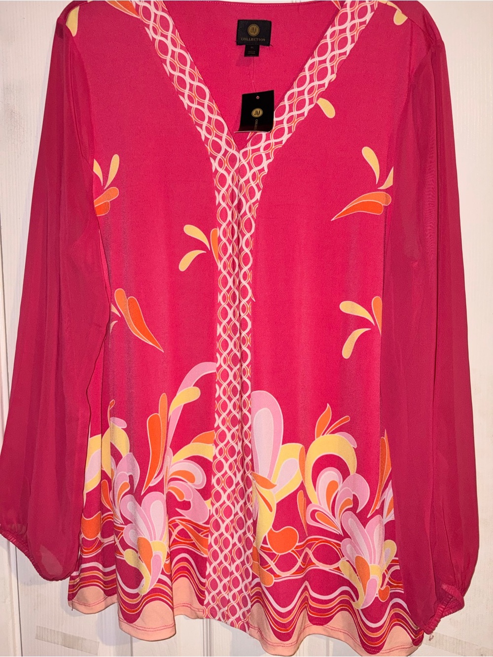 JM Collection Pink Floral Sheer Long Sleeve Tunic Blouse | NWT